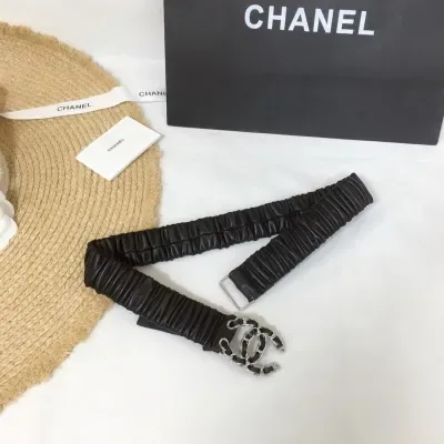 Ceinture Chanel noir, boucle double C, métal argenté, strass, 30 mm