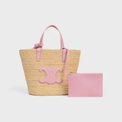 Panier Celine classique souple petit modèle, raphia et veau rose